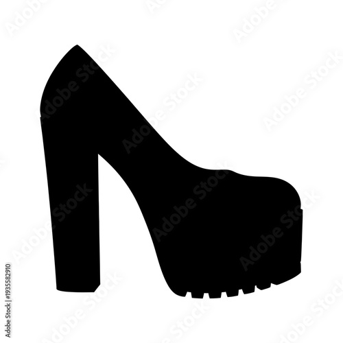 Elegant Black Platform Heel Silhouette Isolated on White Background.