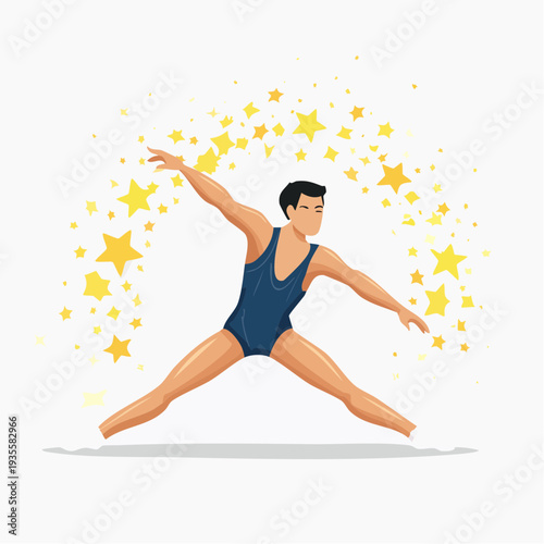Man performing gymnastics in a leotard with a shower of golden stars