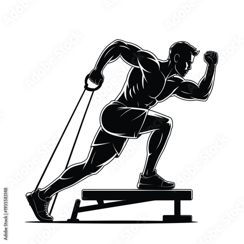 A muscular man performs a resisted sprint using a resistance band