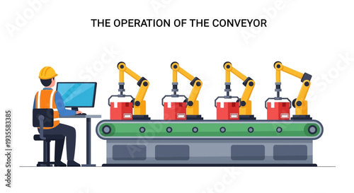 Illustration of a worker operating a computer controlling robotic arms on a conveyor belt in an industrial setting.