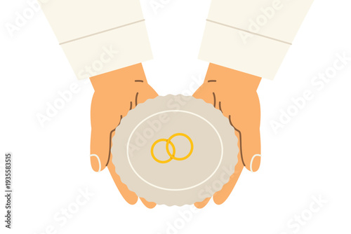 priest holding wedding rings tray - christian marriage, holy matrimony symbol, ceremony concept- vector illustration