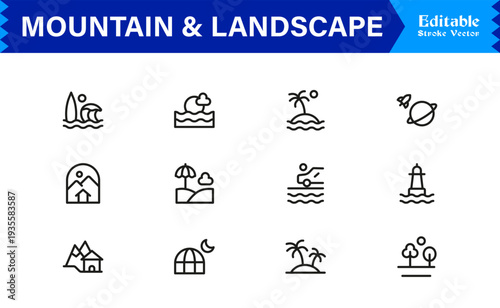 Mountain and Landscape Professional Line Icon Collection with Modern Minimal Outline Style for Designers, Creatives, and Scalable