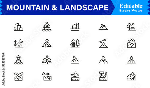 Mountain and Landscape Professional Line Icon Collection with Modern Minimal Outline Style for Designers, Creatives, and Scalable