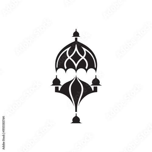 Vintage vector illustration of a golden birdcage dome patterned with umbrellas and birds isolated on a white background