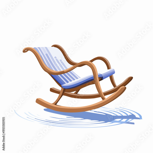 Charming illustration of a classic wooden rocking chair with blue stripes, embodying relaxation and home comfort