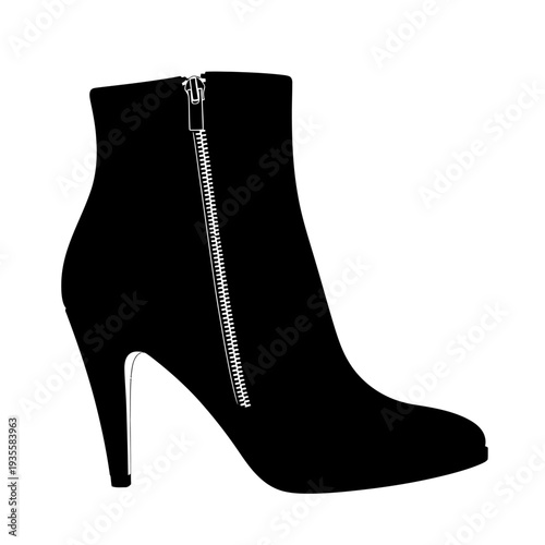 Elegant Black Suede Ankle Boot with High Heel and Zipper Detail.