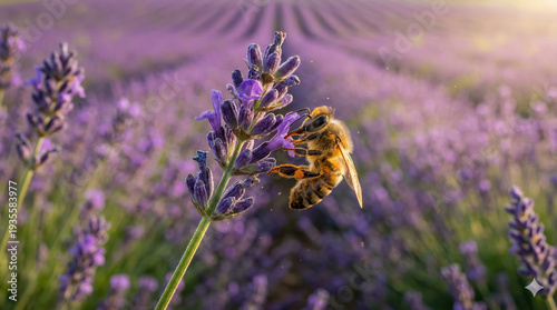 A bee pollinates a lavender flower in a lavender field. 