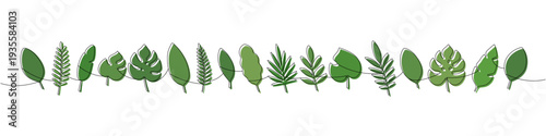 Continuous line art of assorted tropical leaves with green fill. Minimalist botanical illustration for modern design