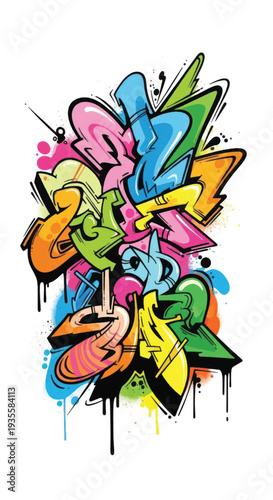 Colorful abstract graffiti mural with dripping spraypaint letters and bold shapes.