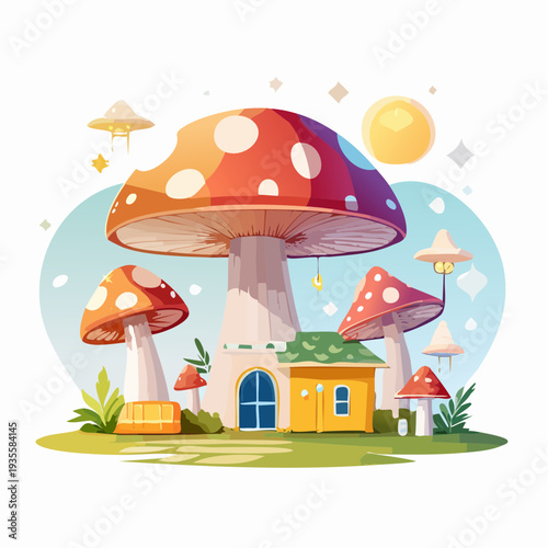 Whimsical mushroom village nestled in a fantastical landscape with glowing orbs and cozy homes