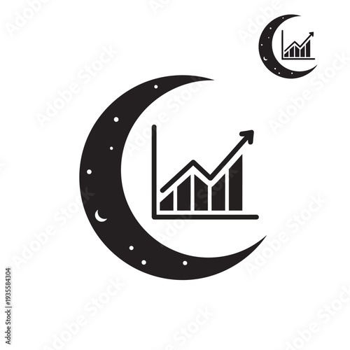Black crescent moon with stars encompassing an upward trending bar graph, symbolizing growth, nocturnal business, and financial progress.