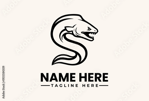 A black and white illustration of a snake's head with an open mouth, forming a stylized logo on a beige background with space for a name and tagline.