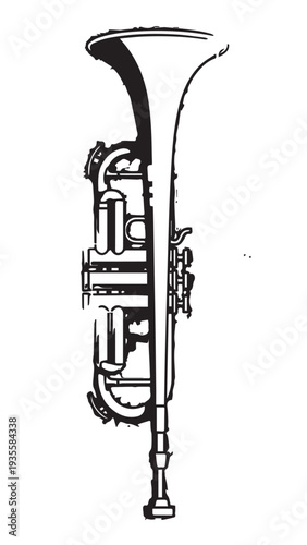 Monochrome sketch of a brass trumpet highlighting its valves and bell.
