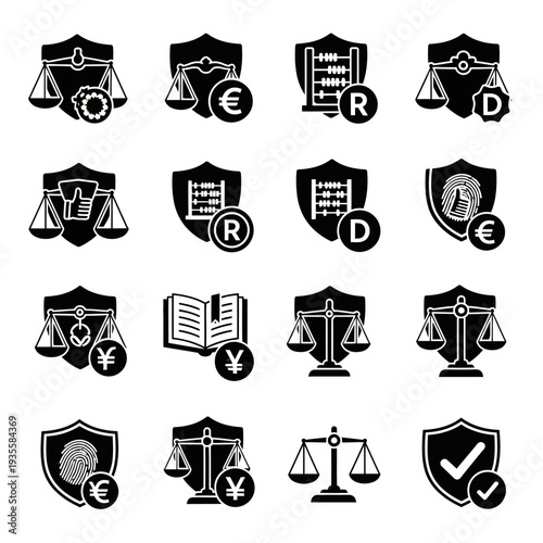 Black and white vector icons representing law, finance, security, and intellectual property concepts, featuring scales of justice, shields, abacuses, and currency symbols.