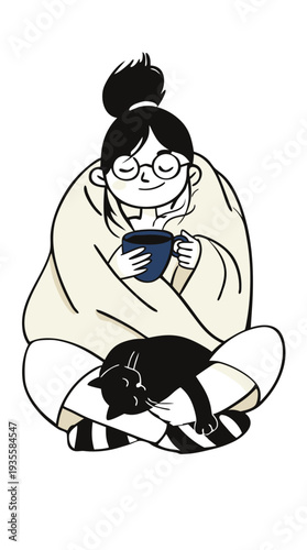 Cozy morning ritual: girl with coffee and black cat wrapped in blanket