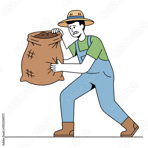 Minimal flat vector illustration of farmer carrying heavy sack of soil or fertilizer, farming work and agriculture labor concept.