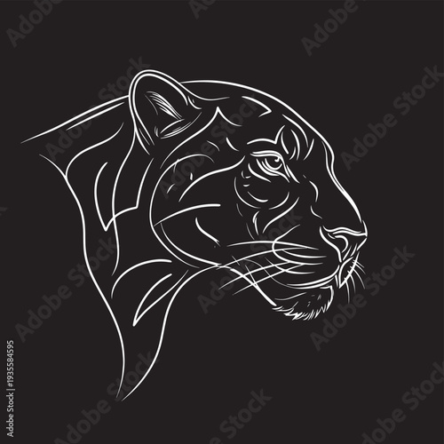 Minimalist line drawing of a tiger head in monochrome on dark background.