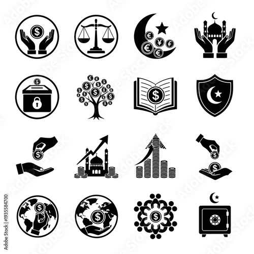 A collection of black and white icons representing Islamic finance, banking, charity, and economic growth concepts.