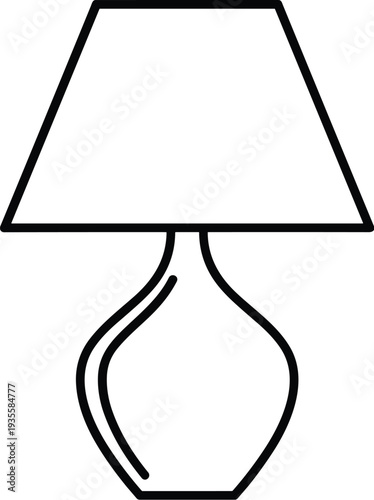 Black and White Line Drawing of Table Lamp with Wide Trapezoidal Shade, Curvy Vase-Like Base, Minimalist Household Illustration