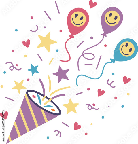 Birthday party Colorful party popper with balloons and confetti isolated on transparent background