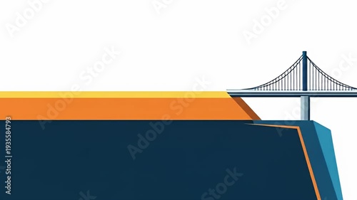 Minimalist illustration of a bridge over orange and yellow stripes on a blue background