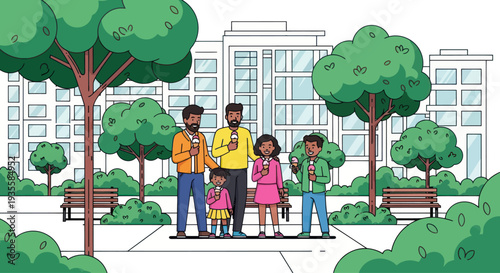 Diverse Family Enjoying Ice Cream in Sunny Urban Park