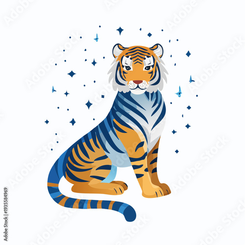 A majestic tiger sits elegantly amidst a celestial sparkle of stars, symbolizing power and grace