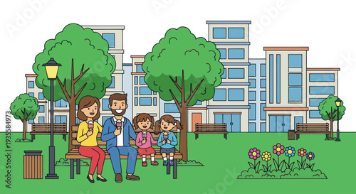 Happy family enjoying ice cream in park with city background