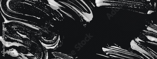 Soap foam stains border on dark transparent background. Vector realistic illustration of shampoo and water smears texture, washing detergent frame, sponge splatter banner, overlay effect