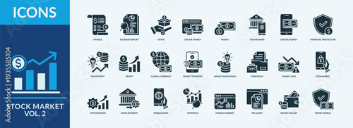 Stock Market icon set vector illustration. Containing icon of invoice, profit, money and more. Glyph Solid icon symbol collection
