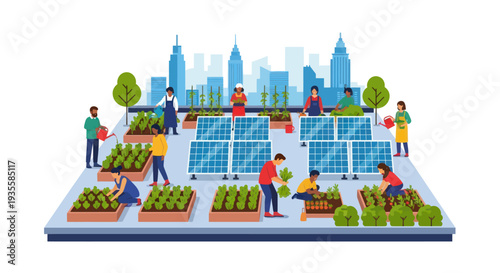 Urban Rooftop Farming with Solar Panels and Diverse Community