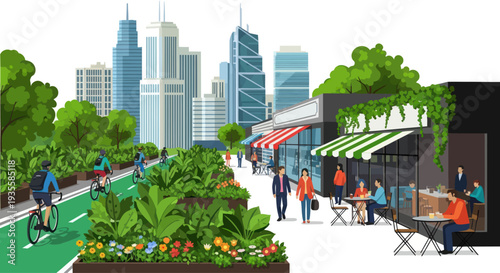 Vibrant city street with green spaces, cyclists, pedestrians, and cafes