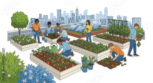 Diverse group tending urban rooftop garden with city skyline background