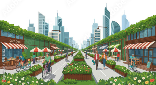 Eco-friendly city street with green buildings, cafes, and people cycling