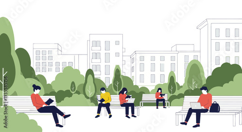 People relaxing and working in a modern urban park with buildings in background