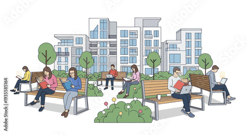People working and studying outdoors on benches with modern buildings background