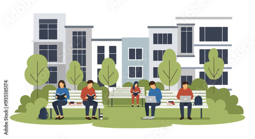 Diverse people studying and working on laptops in a park with modern buildings