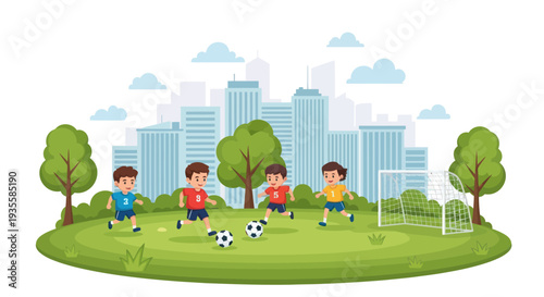 Children playing soccer in a city park with skyscrapers in background, flat design