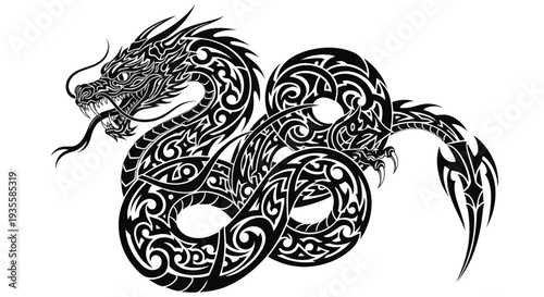Intricate black tribal dragon tattoo illustration coiled in ornamental pattern.