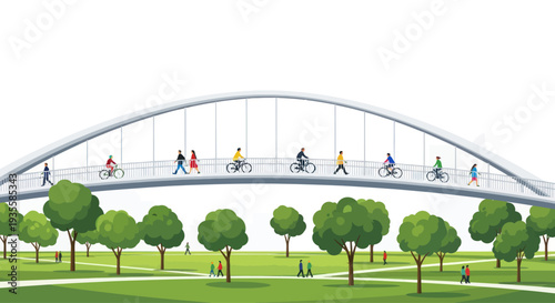 People walking and cycling across modern bridge in green park, urban nature, active lifestyle
