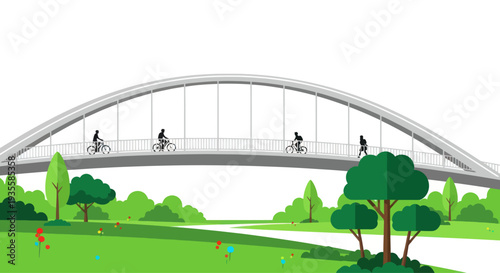 Arch bridge with cyclists and pedestrians in a park