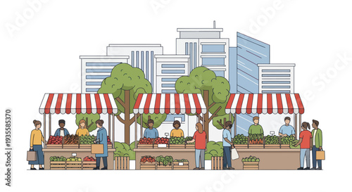 City Farmers Market Scene with Diverse Shoppers and Vendors Selling Fresh Produce
