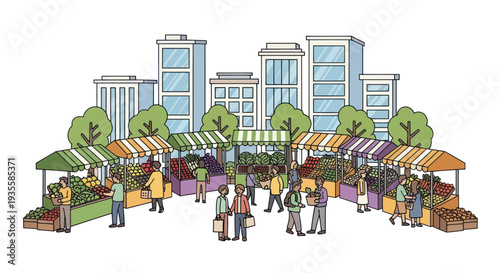 Diverse people shopping at a vibrant outdoor urban farmer's market with fresh produce and city buildings.
