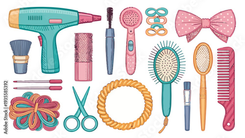 Vector pack of colorful women's grooming accessories and beauty tools on white background