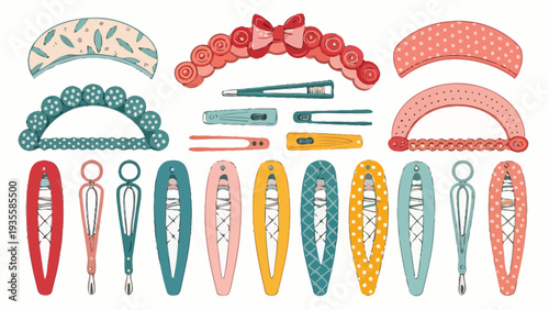 Colorful hair styling tools and accessories vector set including clips tongs and curlers on white background