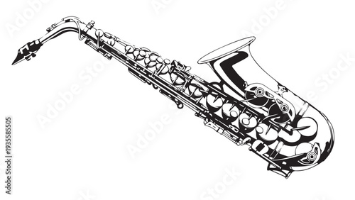 Monochrome saxophone line art illustration suitable for music themed projects.