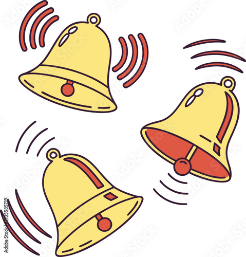  Three yellow bells ringing with red accents isolated on transparent background