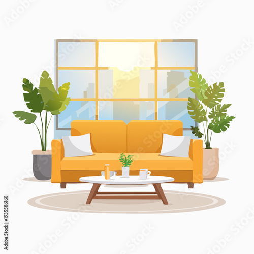 Cozy Living Room Scene with Orange Sofa and Potted Plants