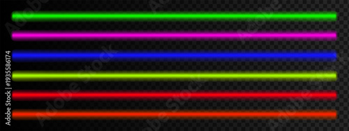 Set of neon colored LED fluorescent light tubes isolated on dark background. Green and pink, blue and yellow, red and orange laser sticks. Nightclub decoration elements. Vector realistic illustration.