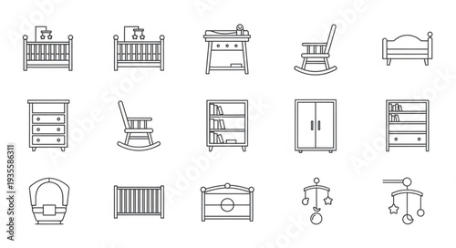 Collection of nursery furniture and baby items hand-drawn icons.